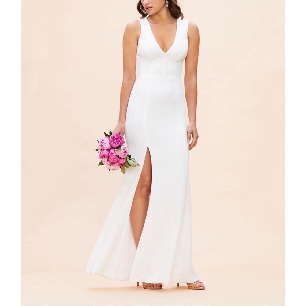 NWOT Dress the Population Sandra Plunge Crepe Slit Gown, Large